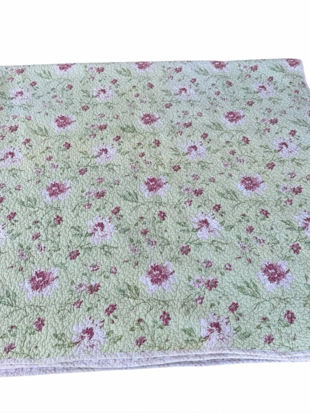 VTG Laura Ashley Reversible Floral Quilt Green Pink Roses Stripes 84x86 FLAWS